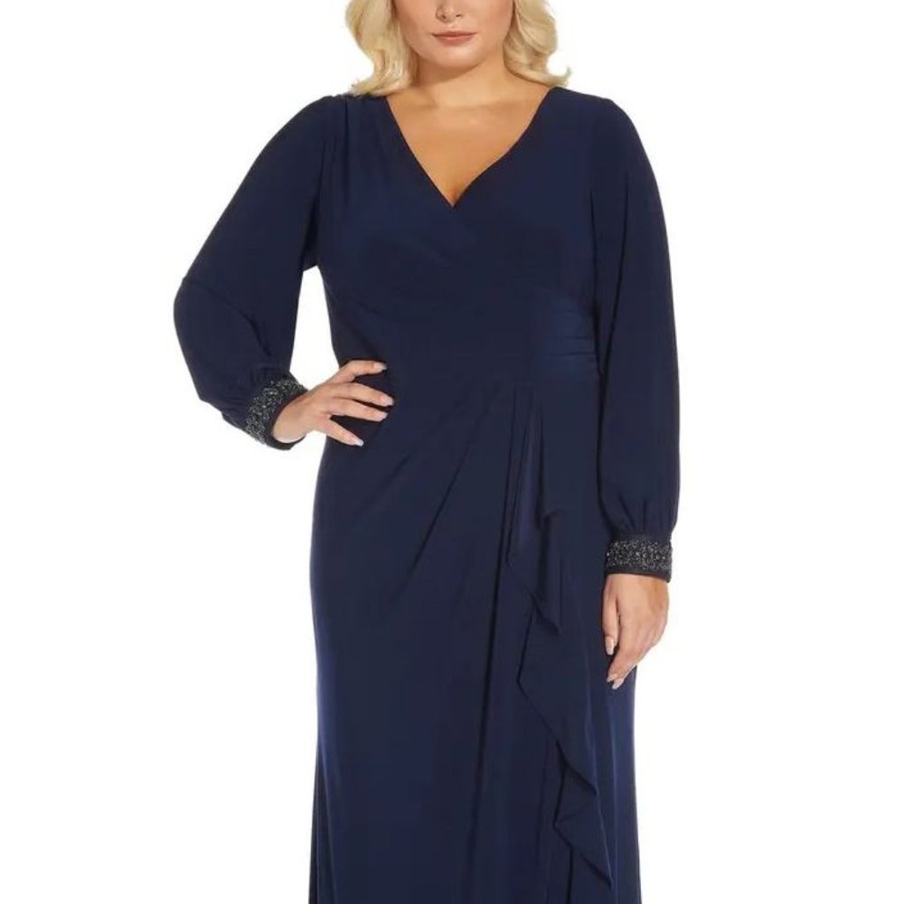 Adrianna Papell midnight blue embroidered bead long sleeve gown jersey dress 22W